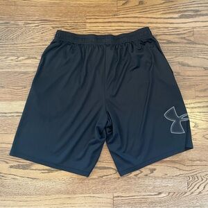 Under Armour Men’s Tech Graphic Shorts Black Gray Big Logo Drawstring SIZE LG